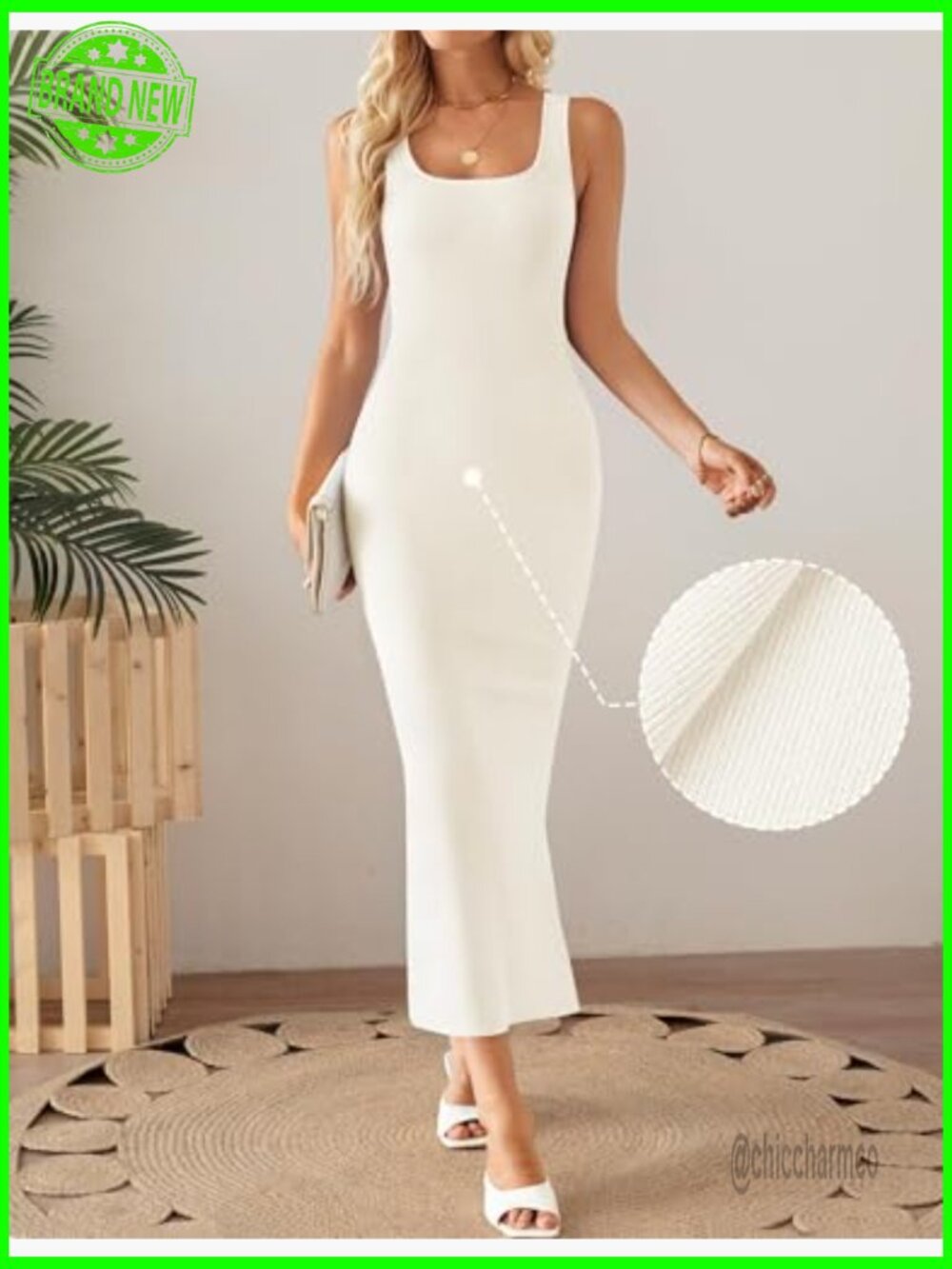 Sleeveless Knit Bodycon Midi Dress Square Neck Side Slit Summer Beach - Picture 2 of 7